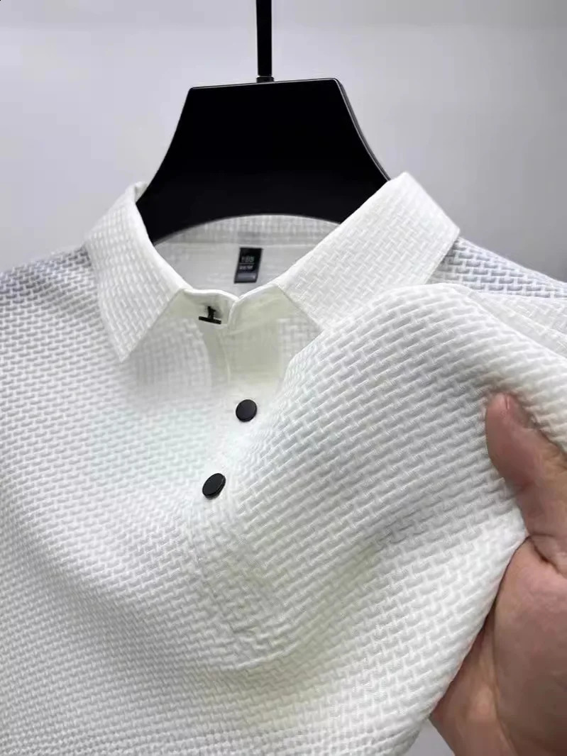 2024 Summer Nylon Ice Silk Fabric Air Permeability Solid Color Single Breasted Bamboo Flower Fashion Polo Shirt 240929