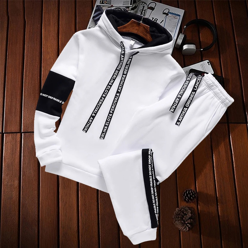 Spring Autumn Fashion Trend Two-Piece Mens Casual Comfortable Large Size Sports Suit Black White Set Tracksuit 240929