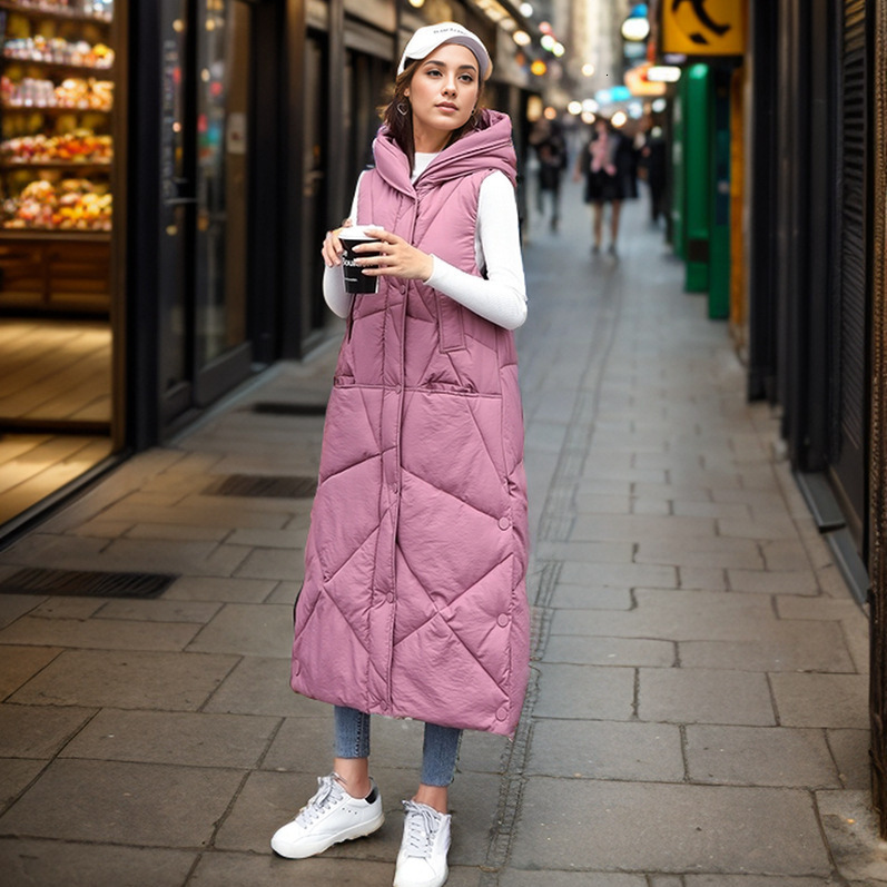 Puffer Vest Down Cotton Vest Womens Mid Length Autumn and Winter New Version Long Thick Vest Jacket Trendy Over the Knee Vest