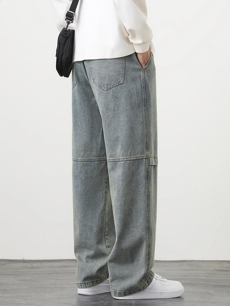 retro blue mens jeans plus size string wide leg jeans cotton casual straight jeans 6XL 7XL 8XL 240926