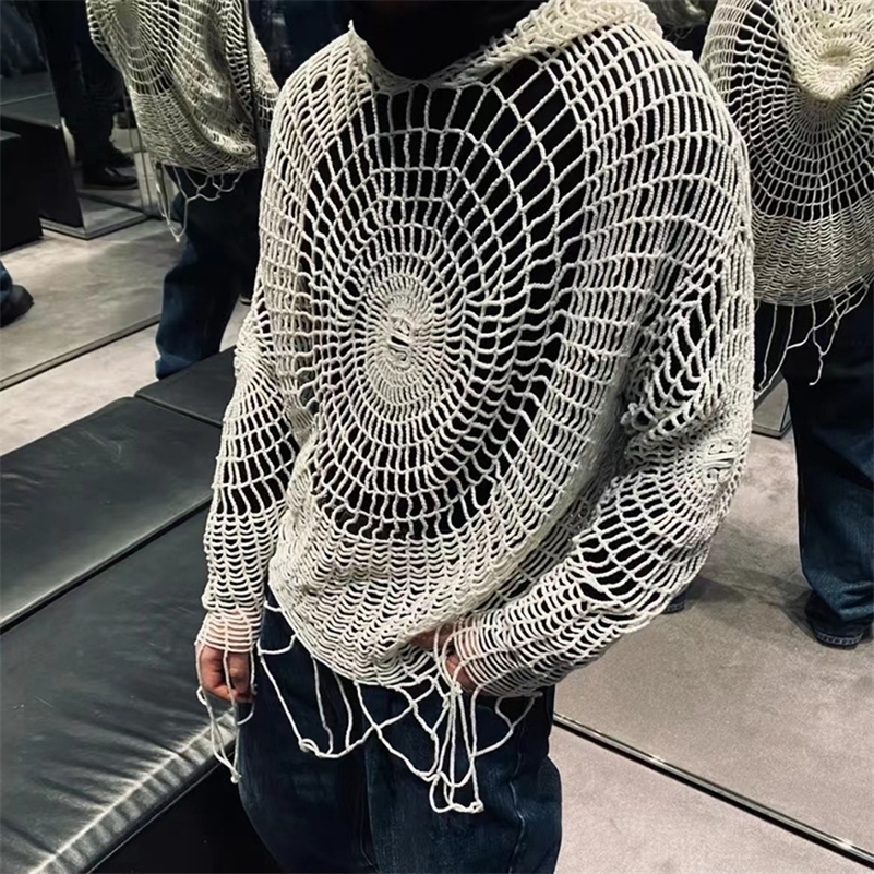 Y2k Clothes Spider Web Hollow Hole Trendy Men LGBT Streetwear Hooded Pullover Knit Top Sweater Mens Korean Fashion 240927