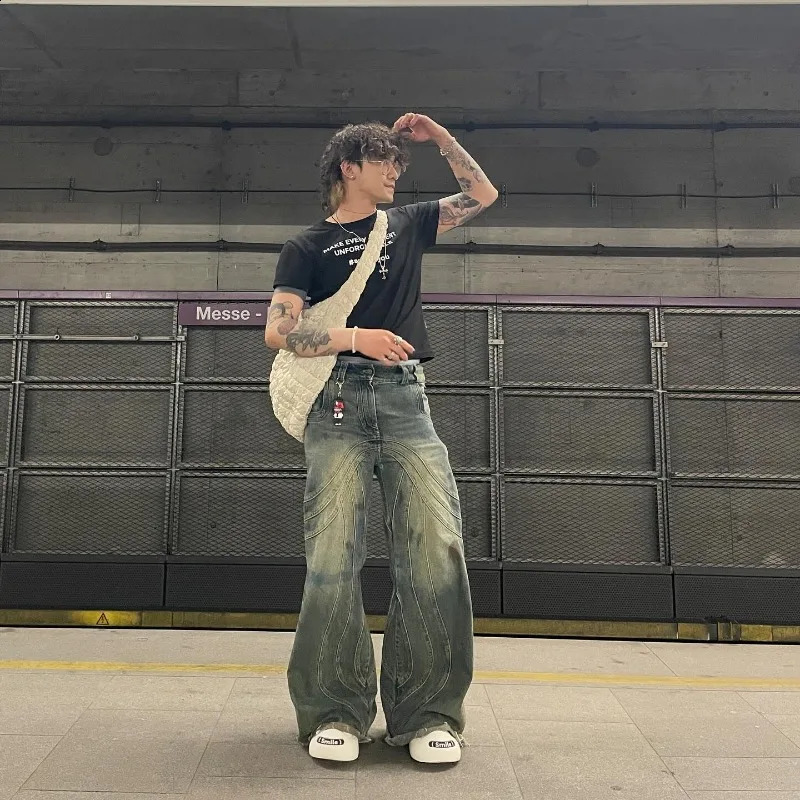 Y2K American Fashion Heavy Industry Blue Laundry Bag Jeans Mens Street Retro Hip Hop Pop Casual High Waist Wide Leg Pants 240926