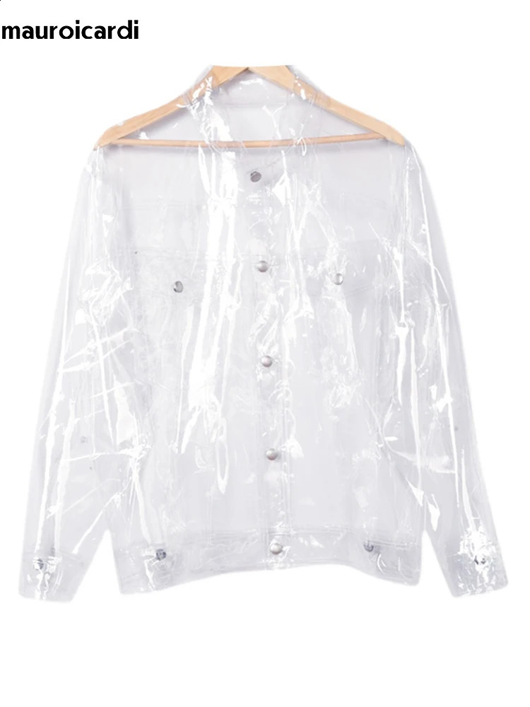 Mauroicardi Spring Autumn Transparent Thin Gloss Artificial Leather Jacket for Mens er PVC Shirt Runway Fashion 240927