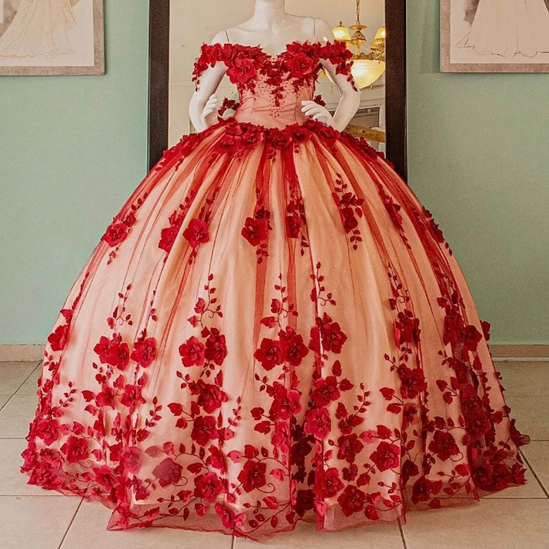 Mexican Red Quinceanera Dresses Off The Shoulder Appliques Flower Beads Crystal Tull Corset Sweet 16 Dress Vestido De 15 Anos