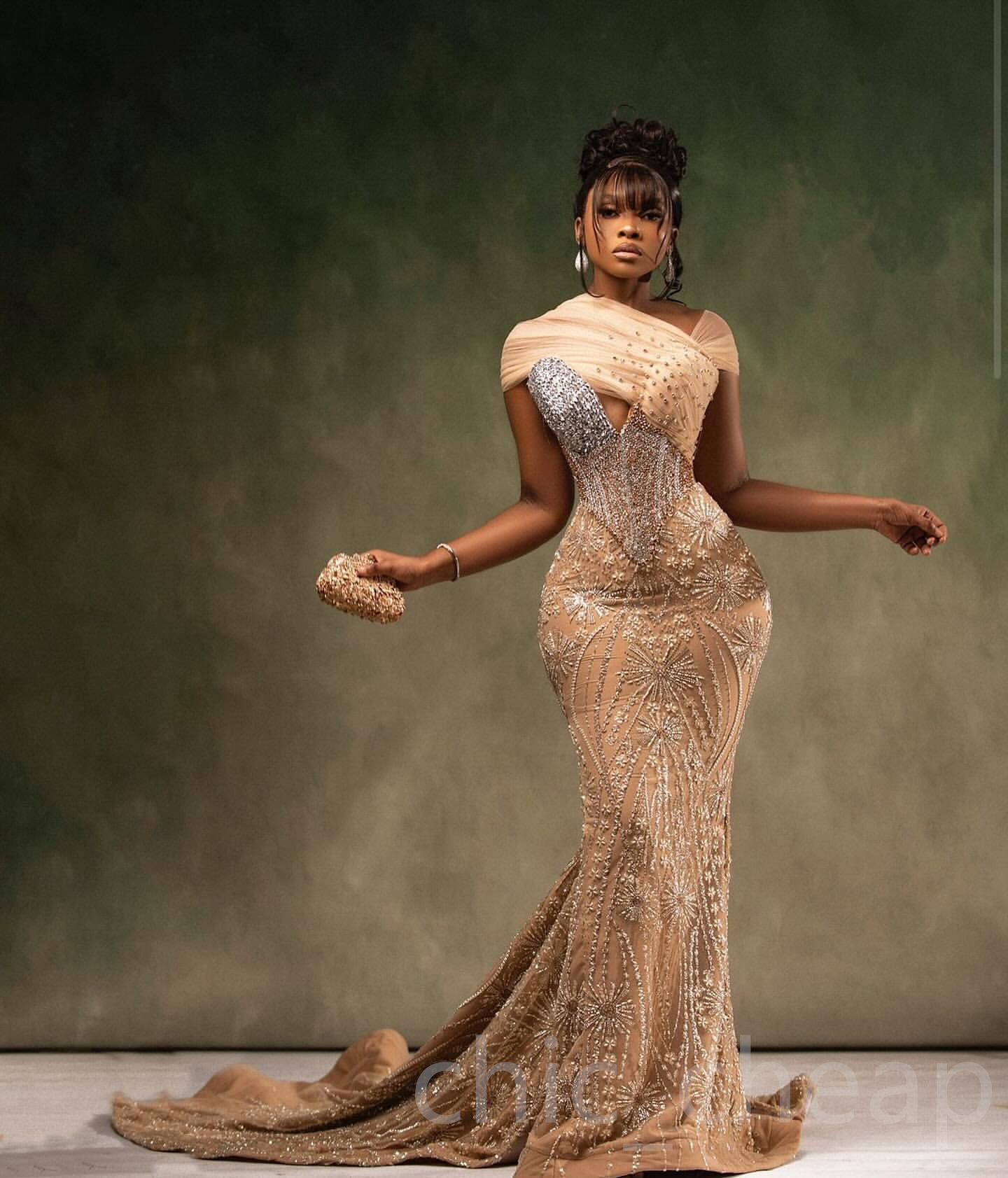 Aso Ebi 2024 Champagne Illusion Mermaid Prom Dresses Rhinestones Sequined Lace Evening Formal Party Second Reception Birthday Gowns Dress For Special 