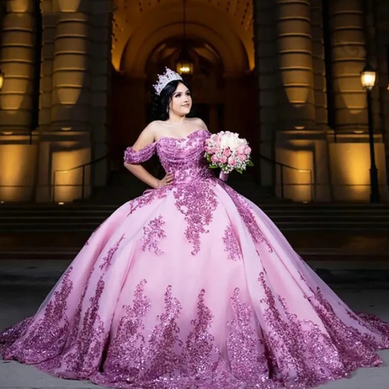 Pink Shiny Off The Shoulder Ball Gown Quinceanera Dresses Sequined Appliques Lace Pleat Bow Tull Corset Sweet 15 Vestidos 15 Anos