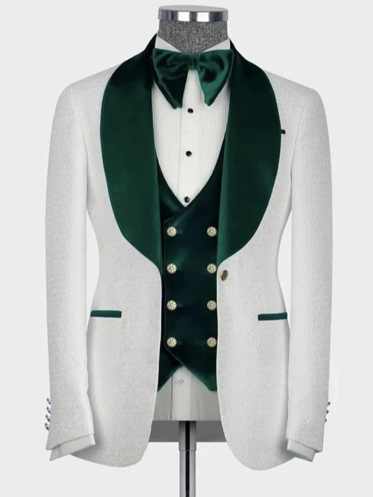 Floral Pattern Men Suits For Wedding With Green Velvet Shawl Lapel Groom Tuxedo 3 Pcs Slim Fit Blazer (Jacket+Pants + Vest) 2024