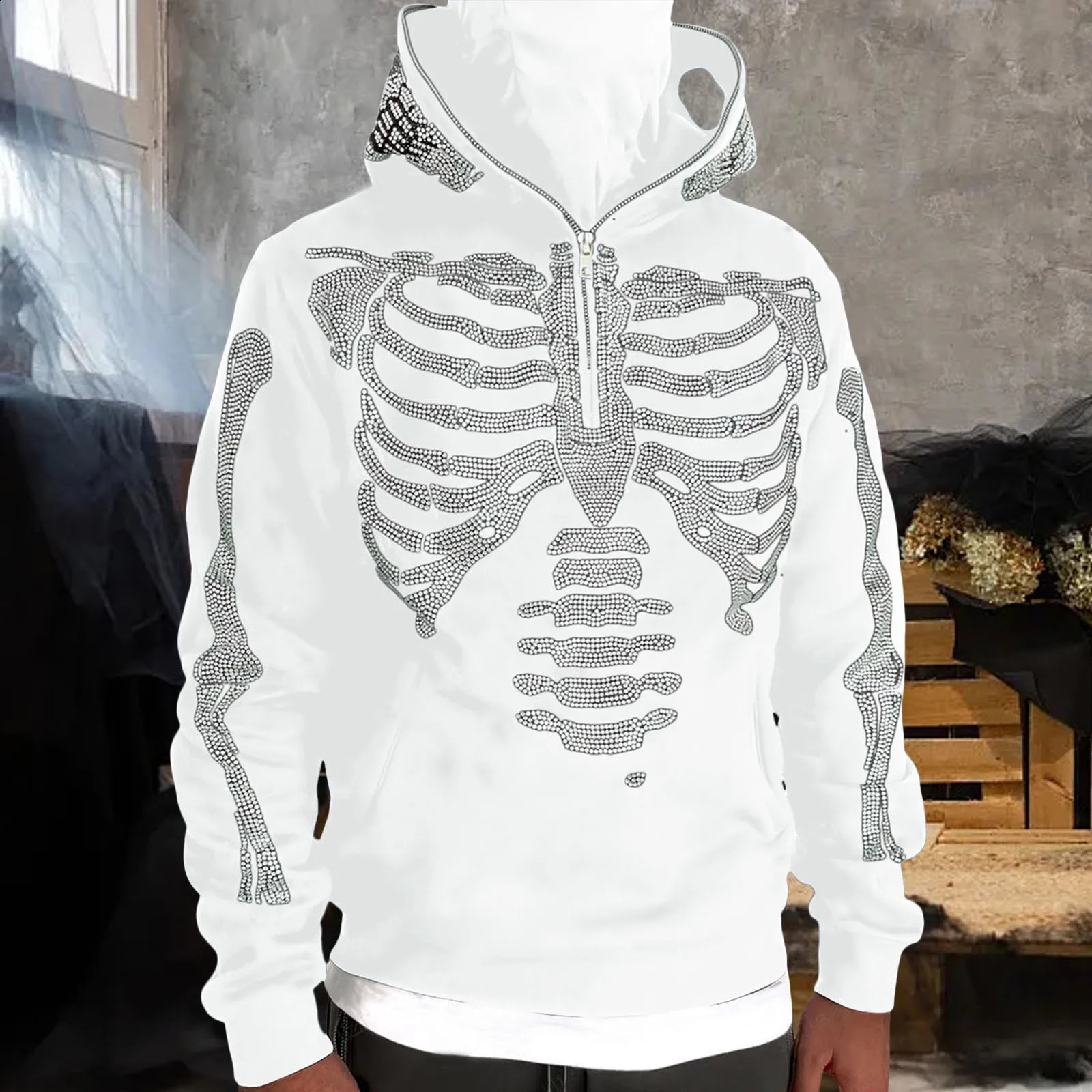 Y2k Rhinestone Skeleton Hoodie US Heavy Fashion Trend Clothing Harajuku Half Zipper Loose Couple Hoodie Roupa Masculina 240929