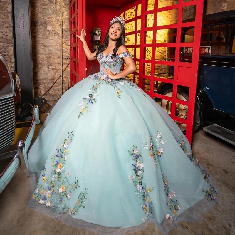 Mint Green Sparkle Princess Quinceanera Dresses Off The Shoulder Appliqued Bow Tull Vestidos De 15 Quinceanera Off Shoulder Sweet 16 Dress
