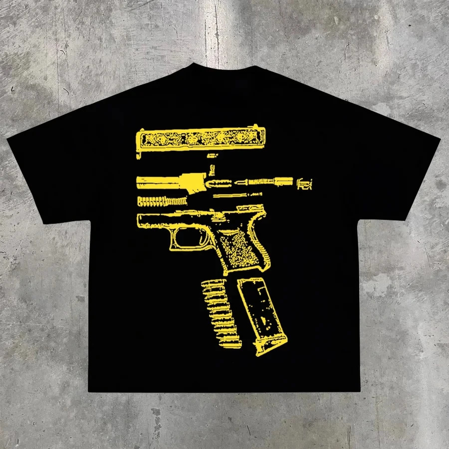 Streetwear Tshirt Y2K Tops Hip Hop Pistol Graphics Print Oversized T Shirt Mens Round Neck Cotton Short Sleeve Clothing 240929