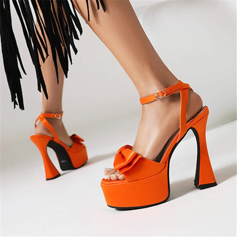 Bow decoration round toe ankle shoulder strap sandals silk upper super high sole solid color party style womens 240920