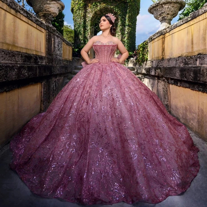 Pink Sweetheart Quinceanera Dresses Ball Gown Off The Shoulder Tulle Sequin Lace Beads Crystal Puffy Mexican Sweet 16 Dress Vestido De 15 Anos