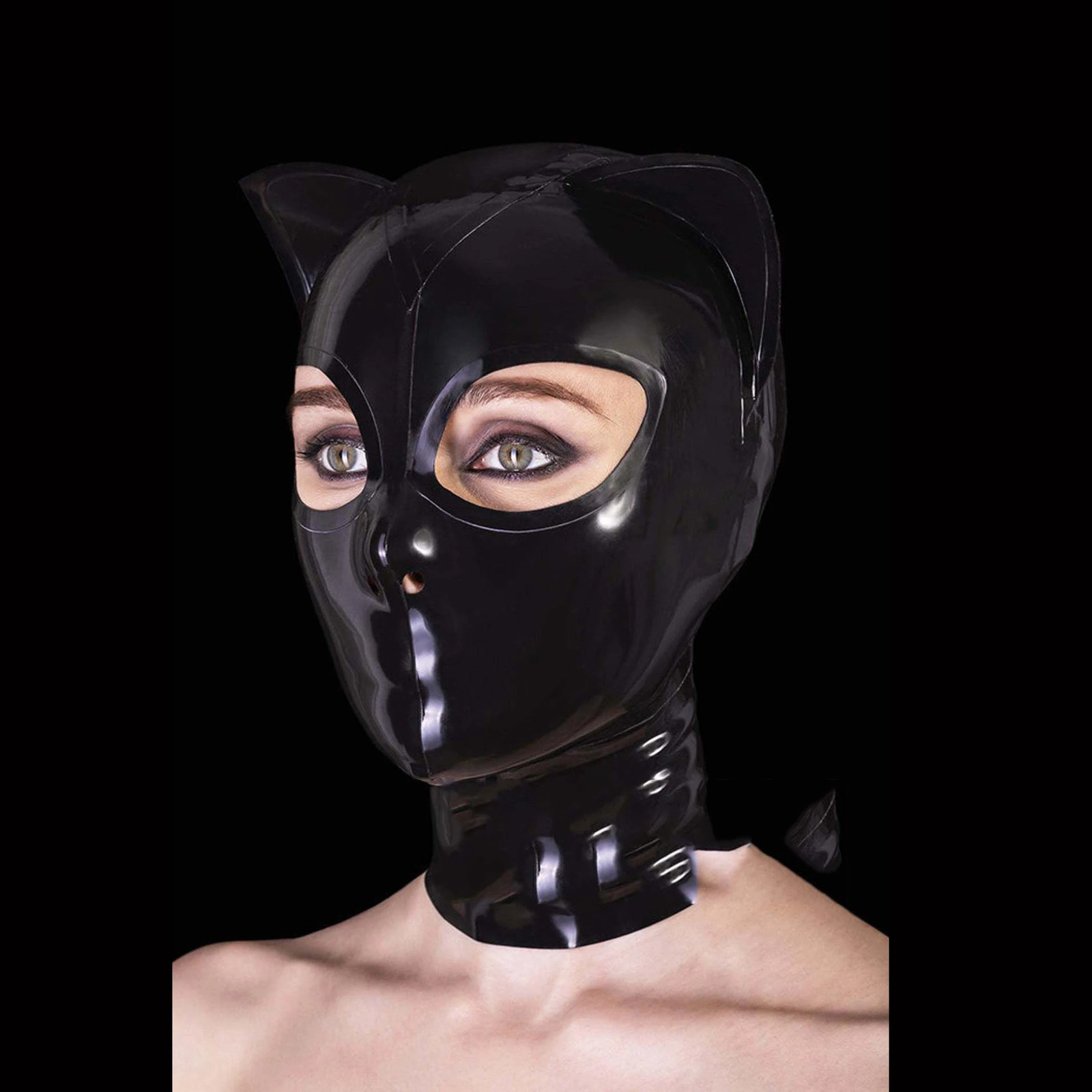 Black Latex Hood with Cat Ears Back Zipper Open Eyes Mouth Rubber Mask Cosplay Club Wear Costume 240925