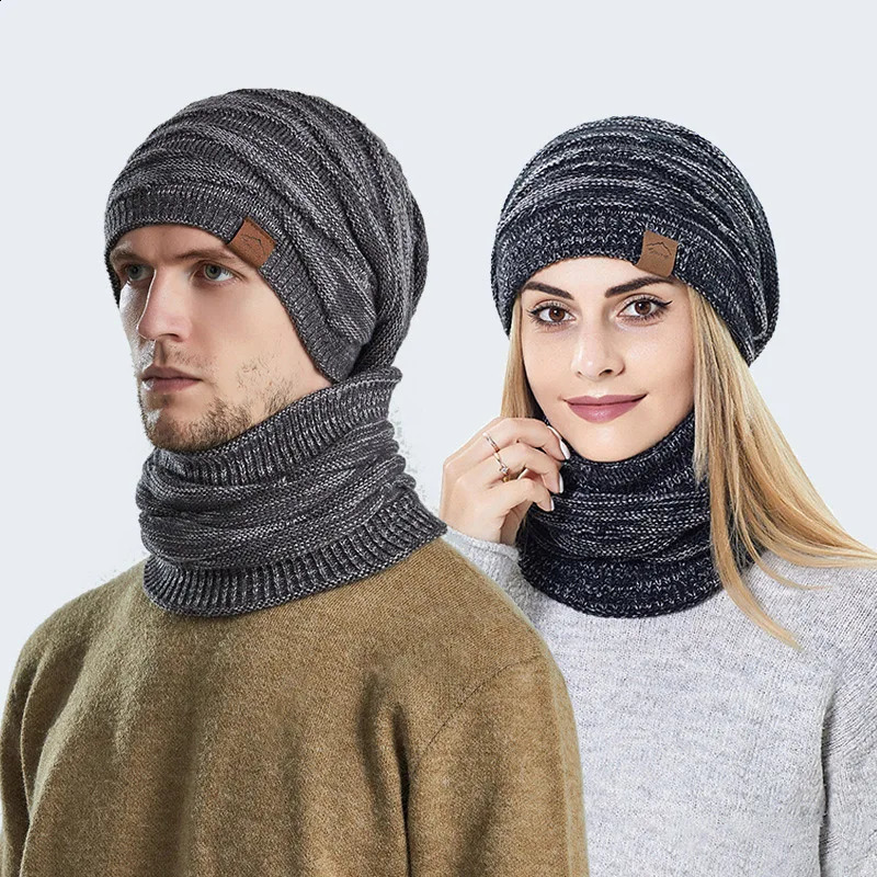 Couple knitted hat coral fleece winter hat mens and womens black hat neck scarf outdoor warm ski mask mens hat 240926
