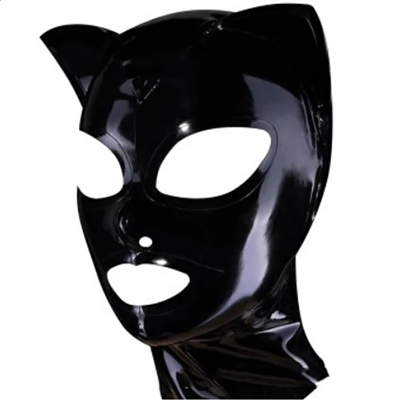 Black Latex Hood with Cat Ears Back Zipper Open Eyes Mouth Rubber Mask Cosplay Club Wear Costume 240925
