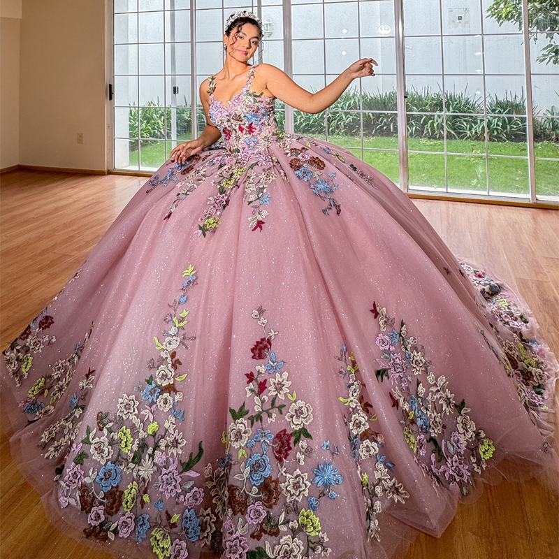 Pink Shiny Quinceanera Dresses Lace Appliques Tull Spaghetti Strap Ball Gown Party Birthday Sweet 16 Years Old Vestidos De 15 Anos