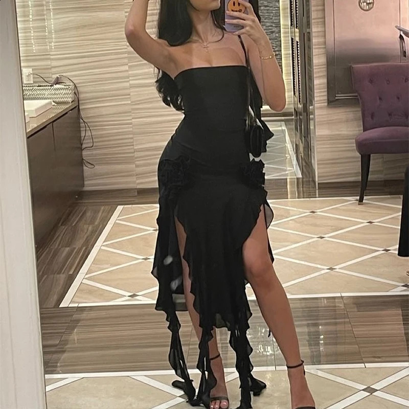 Women Strapless Sexy Floral Fold Hemline High Slit Mini Dress 2024 Solid Backless Sleeveless Black And Pink Party Vestidos 240929