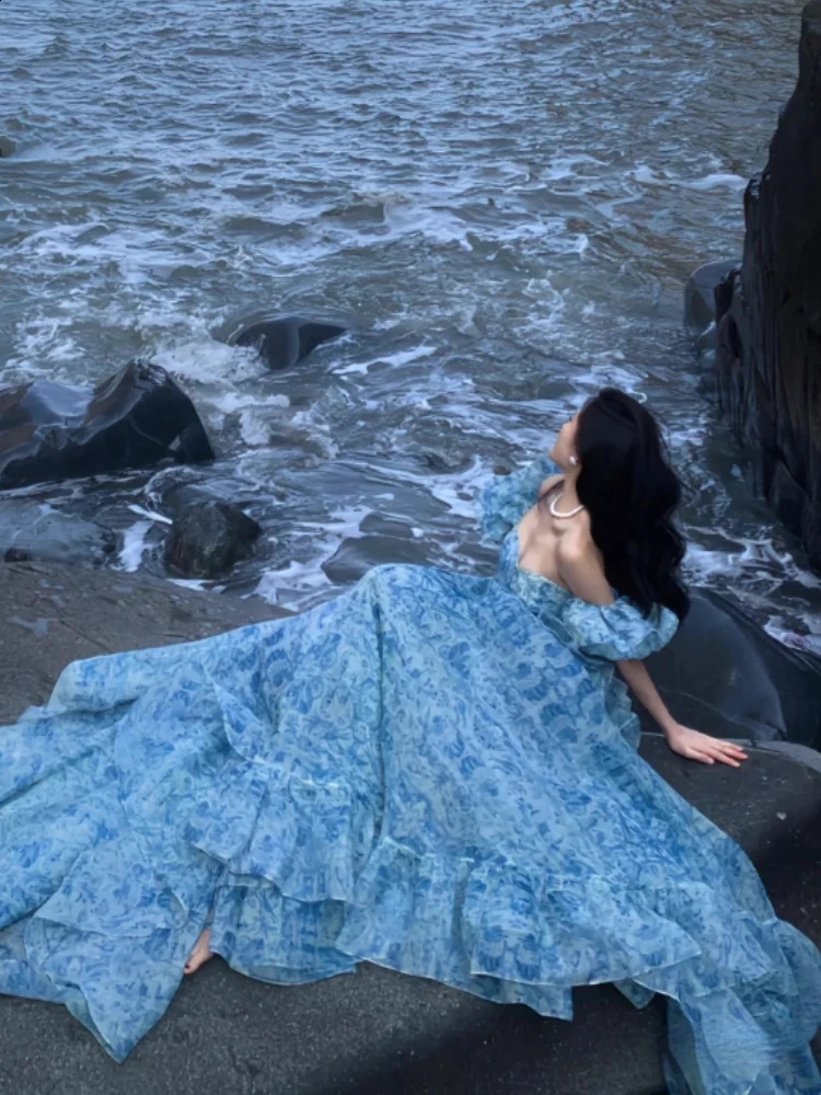 2024 Spring Princess Elegant Dres Puff Sleeve Print Y2k Evening Party Dress Female France Vintage Chic Irregular Clothes 240929