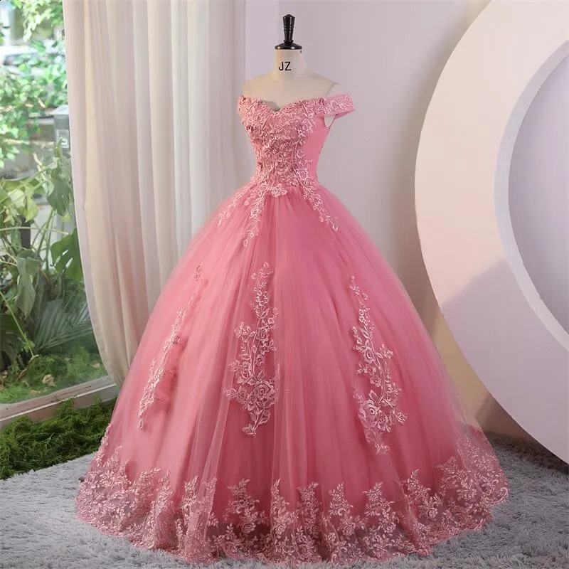 Gloria Pink Quinceanera Dresses Sweet Flower Party Dress Lace Ball Gown Real Po Prom Boho Vestidos