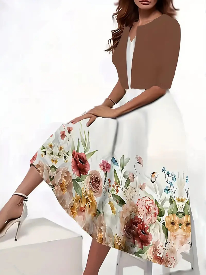 2024 European and American autumn new women's long dress two-piece set with floral print round neck jacket for women