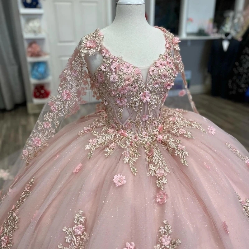 Mexican Pink Shiny Quinceanera Dresses Ball Gown 3D Floral Applique Beaded Crystal Tull Corset With Cape Sweet 16 Vestidos De 15 Anos