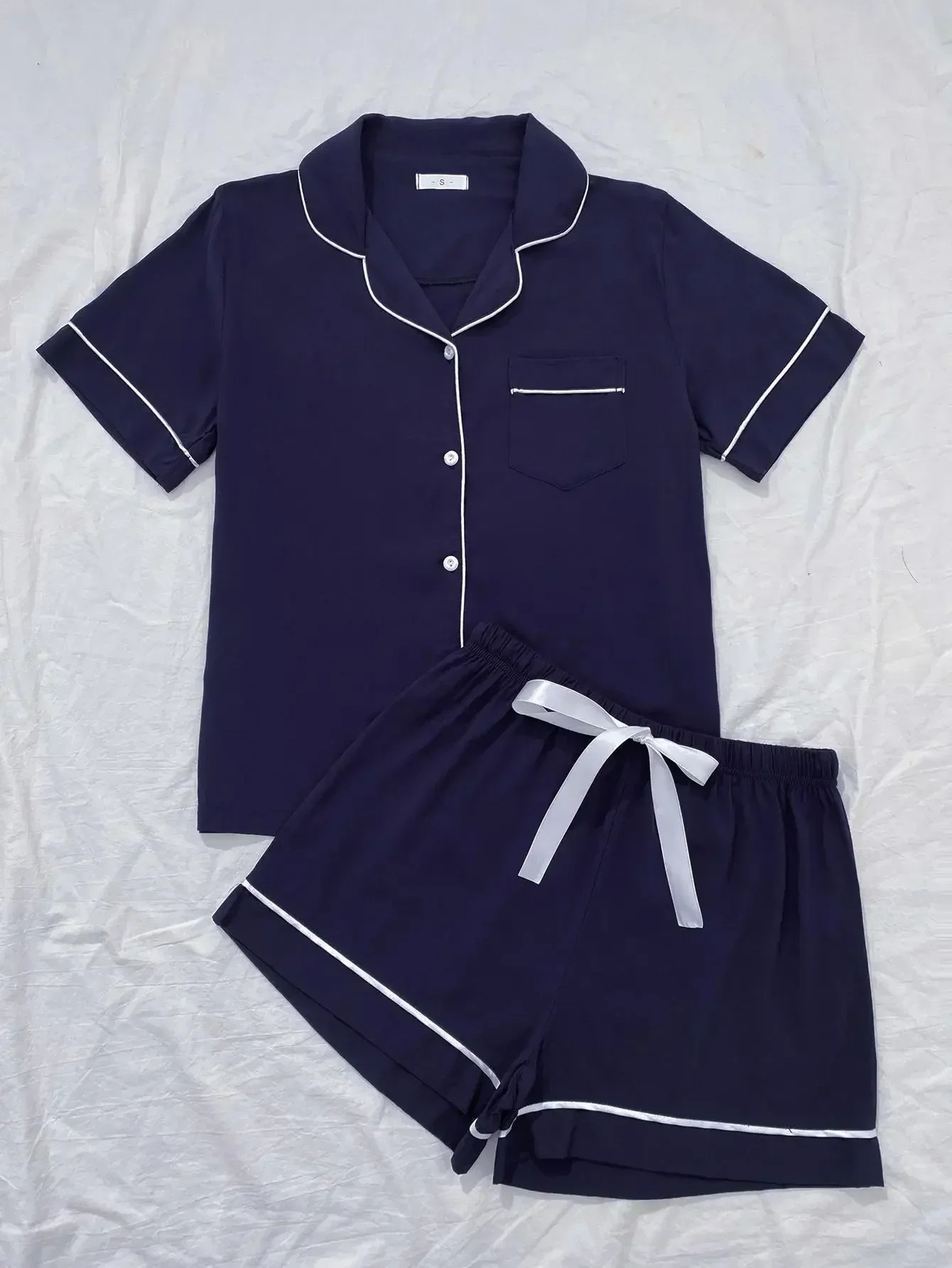 Summer Womens Pajamas Sets Short Sleeve Notched Collar Top Tee Button Down Elastic Waist Shorts Home Suit Loungewear Sleepwear 240930