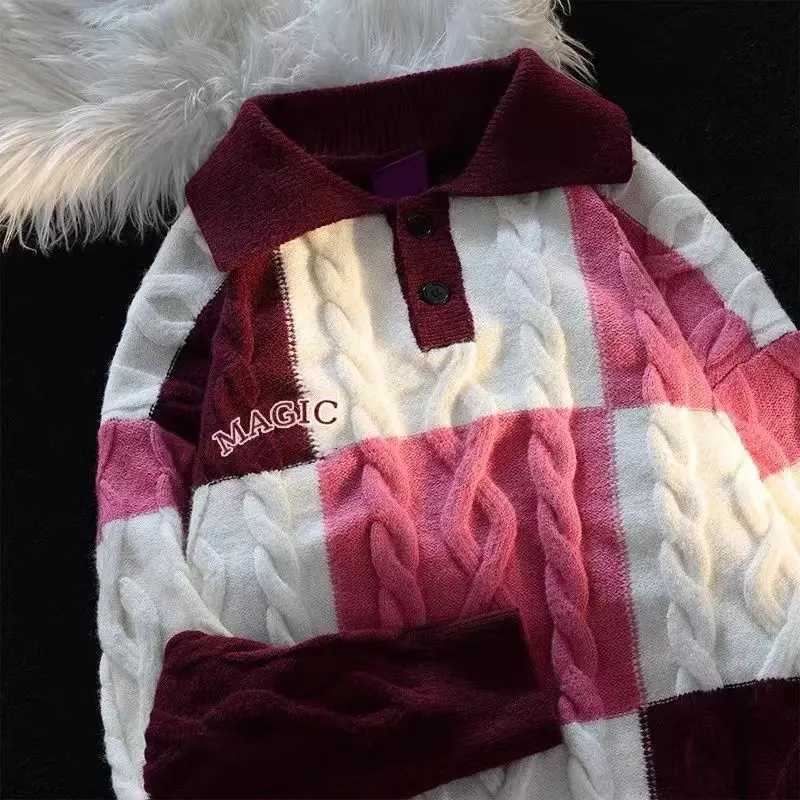 American retro polo neck style sweater suitable for casual autumn and winter design for men and women simple Japanese couple twist sweater W240928