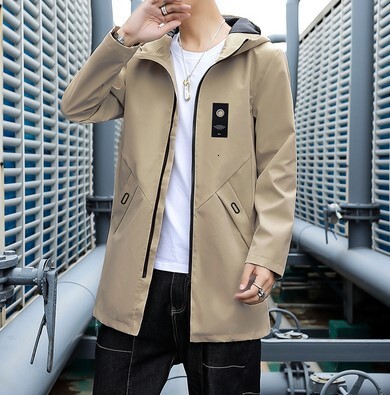 Youth slim fit mid to long autumn men's hooded windbreaker jacket for men