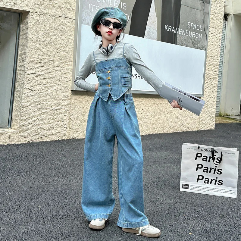 10 12 14 Chic Junior Kids Girls Cowboy Clothes SlingCotton T-shirtWide Leg Pants 3 pcs Teen Kids Clothes Childrens Jeans Set 240926