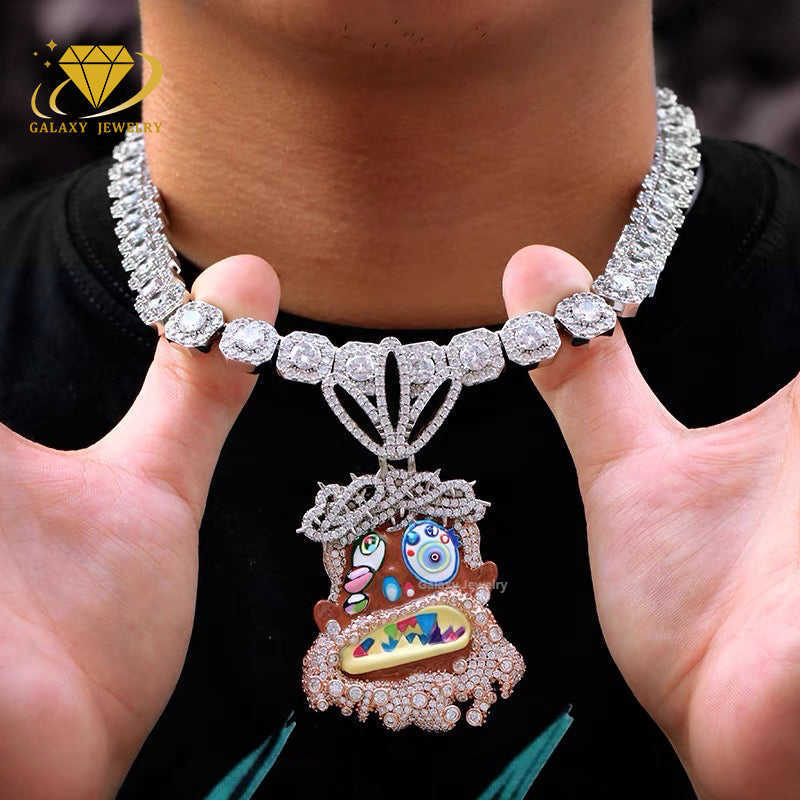 Hiphop Cartoon Men New Design Jesus Head Charms Necklace Pendant Iced Out Moissanite Enamel Colorful 925 Silver Face Pendant