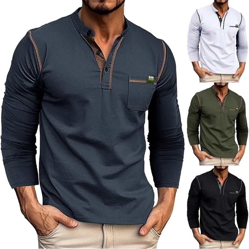 Mens Spring/Summer Long Sleeve Solid Pocket Polo Shirt with Alphabet Stripe Splicing Raglan Sleeve Top with Triple Zipper T-shirt 240929CJ