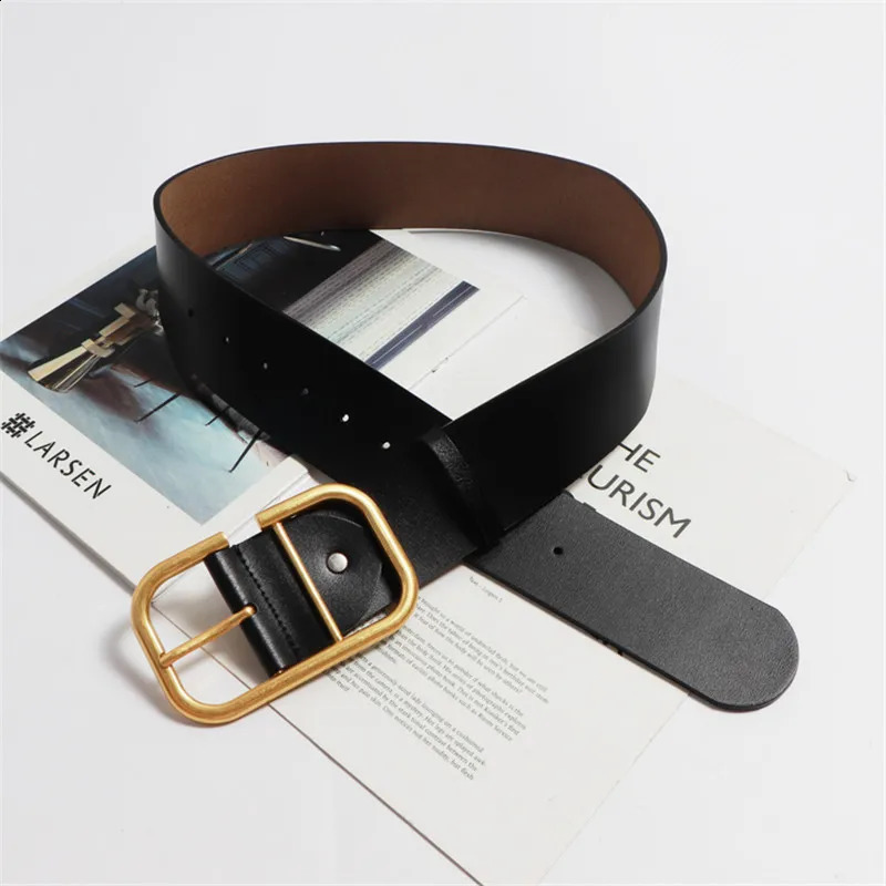 womens leather wide belt gold metal square buckle pin buckle jeans womens retro belt womens waistband 240925