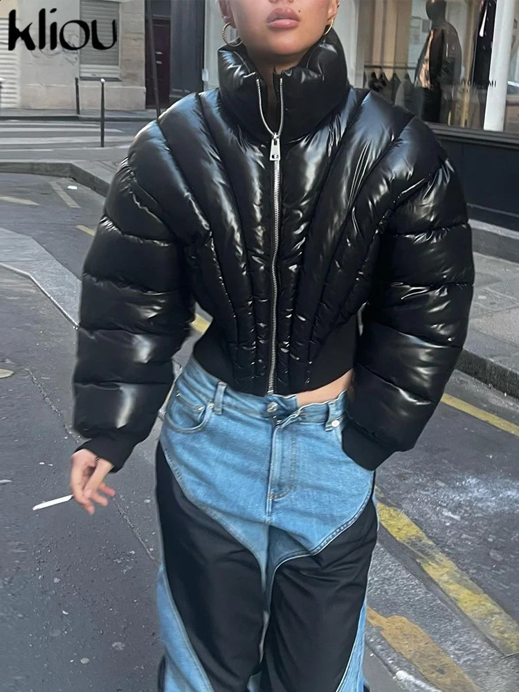 kliou Winter Women Bare Midriff Casual Parkas K23Y33831 Girls Solid Warm Shell Coat Lady Elegant StandCollar Padded Jacket 240927