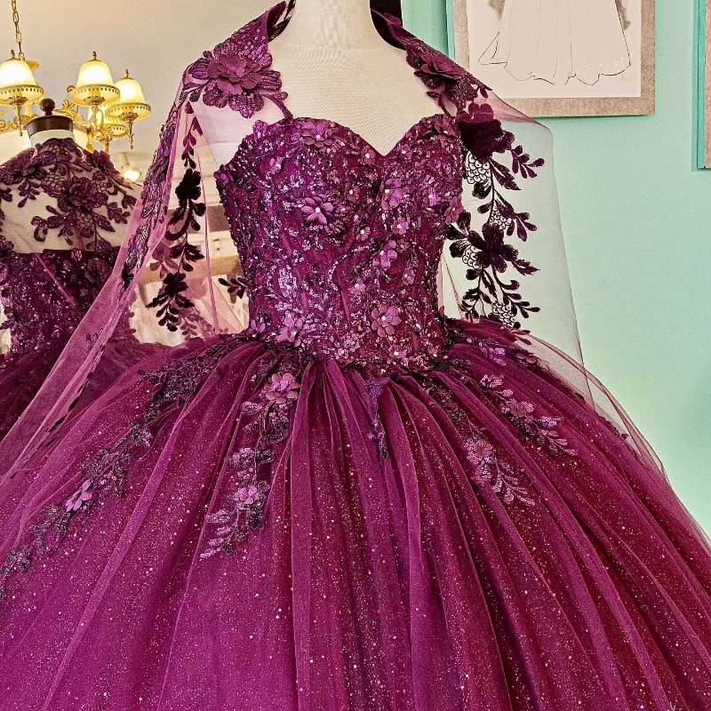Purple Sparkly Quinceanera Dresses Formal Luxury Party Prom Lace Appliques Beads Tull Sweet 16 Dress Graduation Ball Gwon Vestidos De 15 Anos