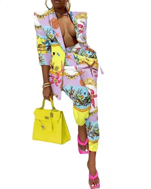 Vintage Women Colorful Tie Dye Blazers Jacket Fashion Ladies Elegant Double Breasted Suits Female Chic Jackets Girls 2107