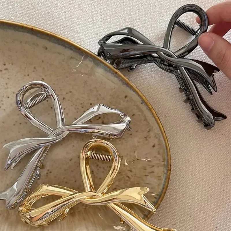 Korean geometric metal gold silver black gain bow knot hair clip womens thick and thin head accessories bead crab clip W240928