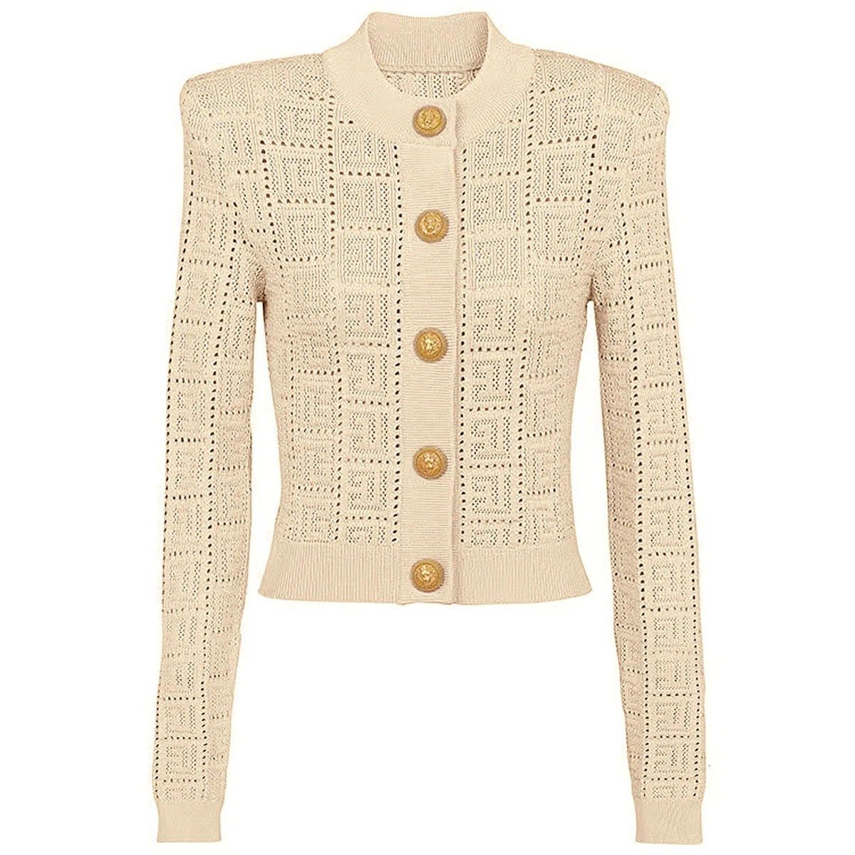 SML High Quality Fashion Elastic Knitted Fabric Labyrinth Hollow Round Neck Single breasted Long Sleeve Slim Fit Women Cardigan 240930