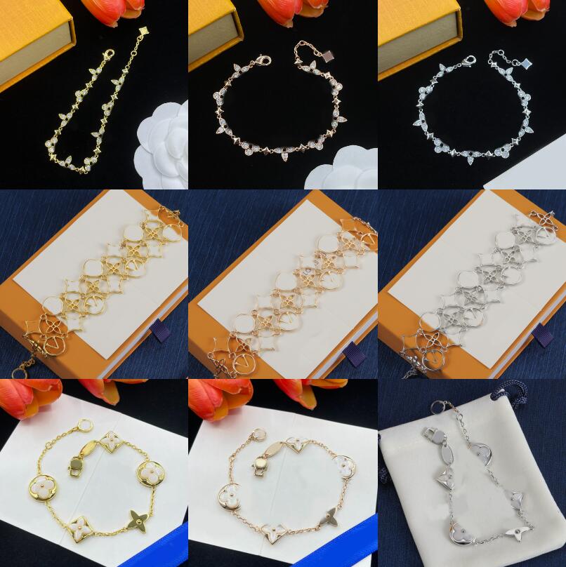 Designer Bracelet Luxury Clover Letter Charm Bracelet 18K Gold Silver Flower Multilayer Chain Bracelet Bangle for Women Fashion Diamond Jewelry Wedding Party Gift