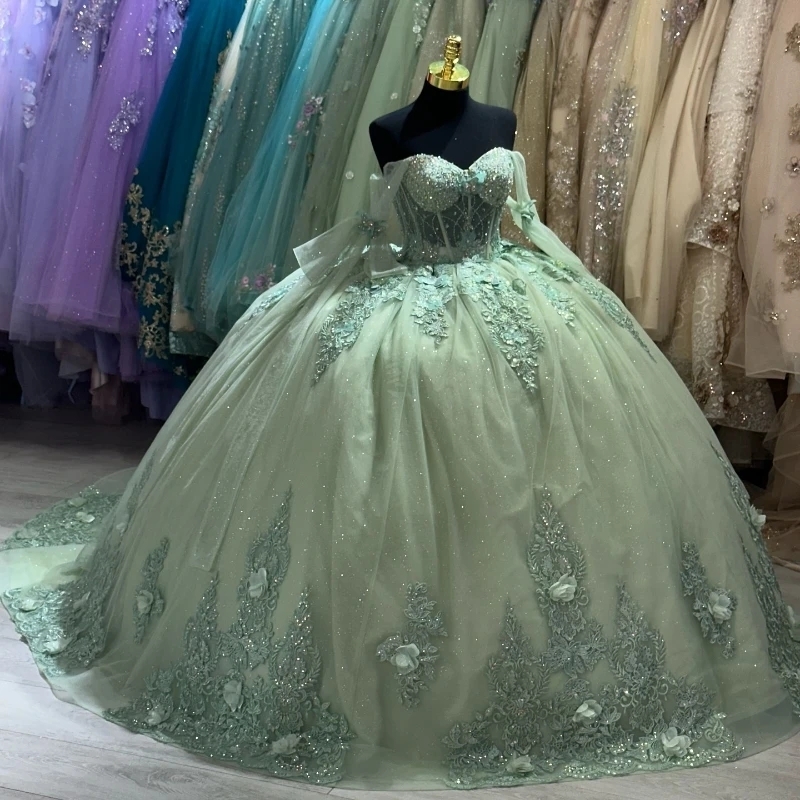 Green Princess Ball Gown Quinceanera Dresses Off The Shoulder 3D Flower Applique Beads Tull Sweet 16 Dress Vestidos De XV 15 Anos