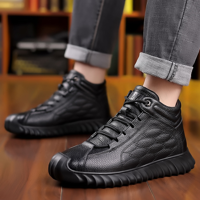 2024 New Snow Boots Top Leather Wool Winter Cotton High Top Casual Leather Plush Thickened Warm Dad Leather Shoes Men's
