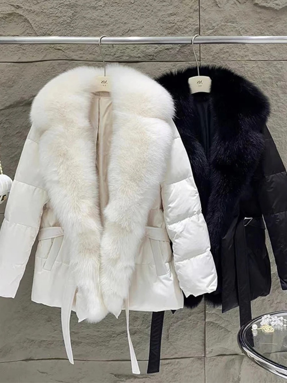 2024 Winter New Natural Fox Fur Collar White Goose Down Jacket Women Warm Parkas Slim Coat With Belt Outwear Female