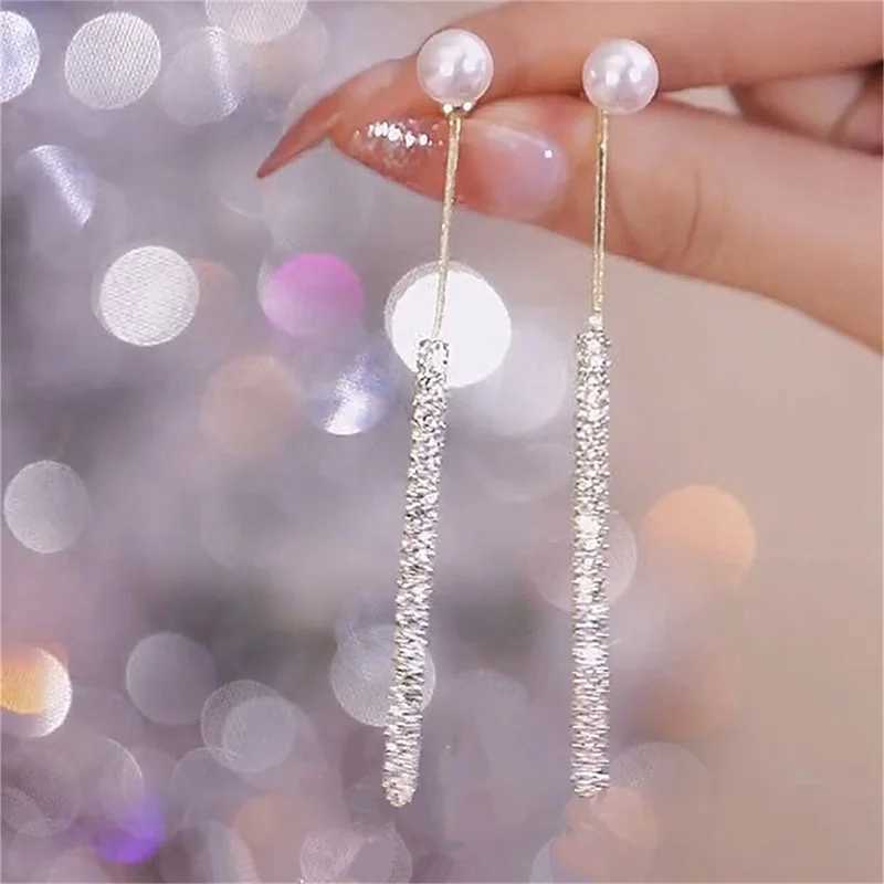 Korean Long Tassel Pearl Dangle Earrings for Women Luxury Full Rhinestone Gold Color Drop Earrings Wedding Party Jewelry GiftX240928