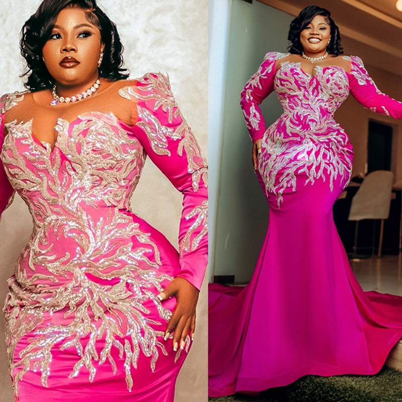 2025 Plus Size Prom Dresses Evening Gowns | Long Sleeves Appliqued Beaded Illusion Dress