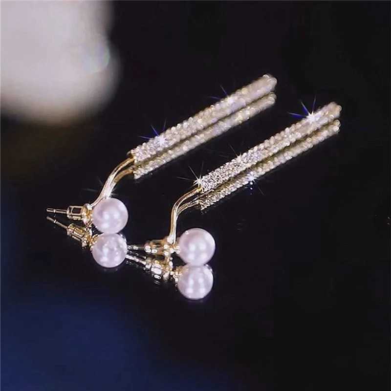 Korean Long Tassel Pearl Dangle Earrings for Women Luxury Full Rhinestone Gold Color Drop Earrings Wedding Party Jewelry GiftX240928