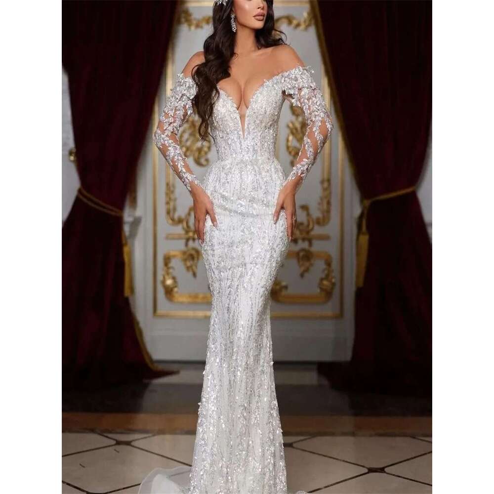 Appliques Beadings Wedding Dresses Sexy Deep V Neck Mermaid Bridal Gown Romantic Vestidos De Novia With Detachable Train