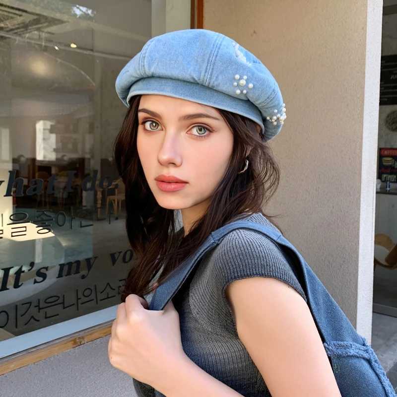 Spring and Autumn Womens Pearl Decorative Denim Beret Outdoor Leisure Artist Hat Travel Shopping Hat MZ1590 W240928