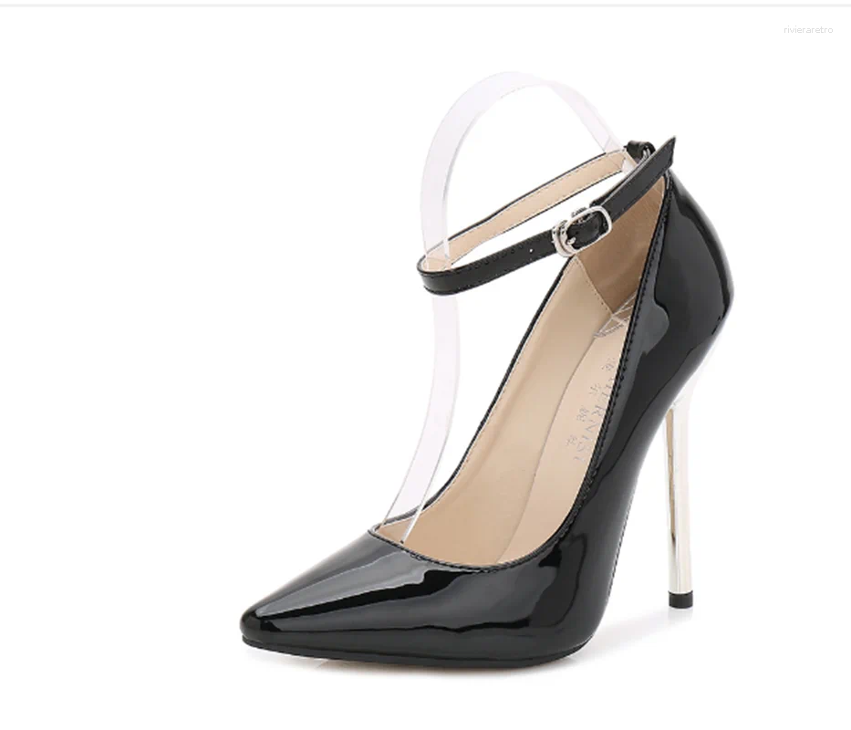 Dress Shoes Sexy Lady Extra High Heels Ankle Strap Pumps Women's 13cm Metal Heel Thin High-heeled Pointed Toe