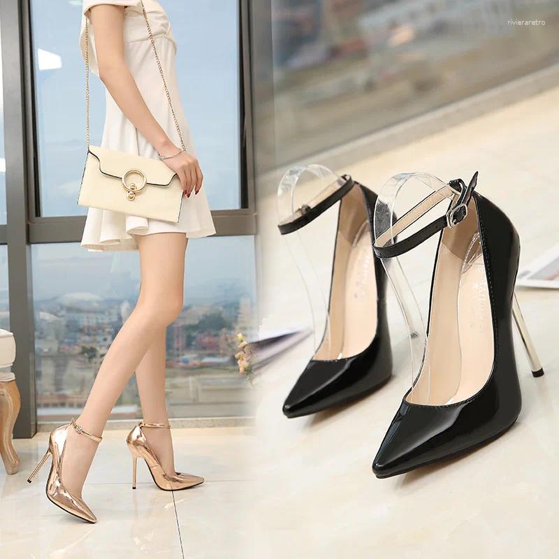 Dress Shoes Sexy Lady Extra High Heels Ankle Strap Pumps Women's 13cm Metal Heel Thin High-heeled Pointed Toe