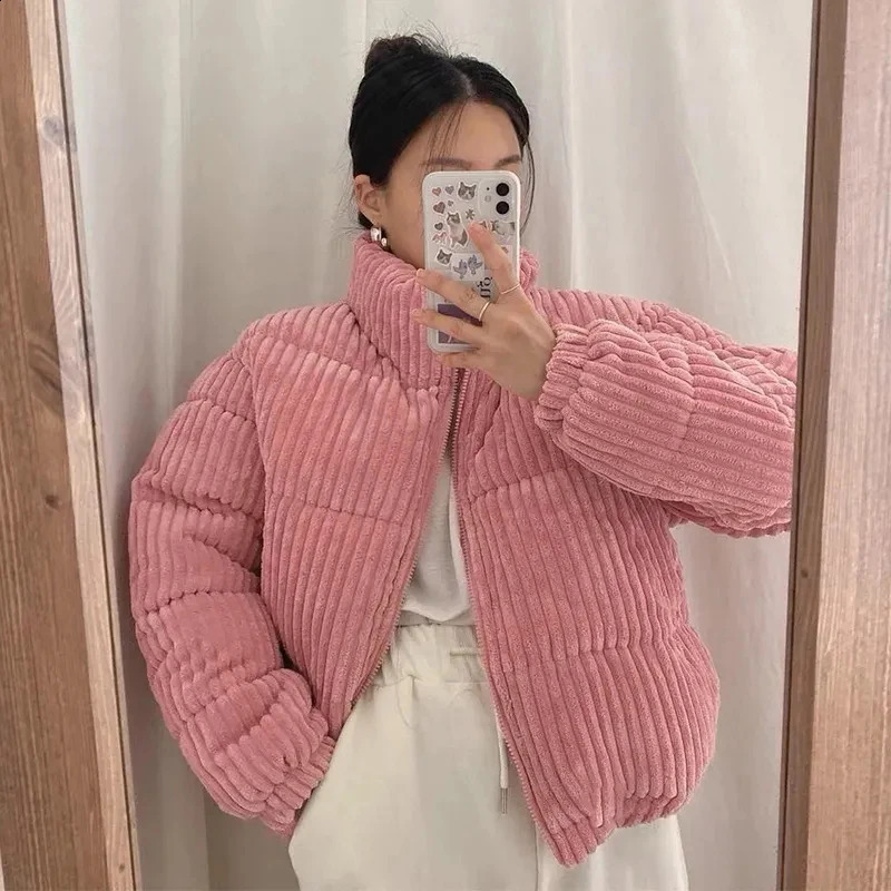 Winter Corduroy Crop Puff Jacket Womens Y2K Korean Fashion Solid Warm Leisure Park Womens Loose Preparatory Vertical Collar Jacket 240924
