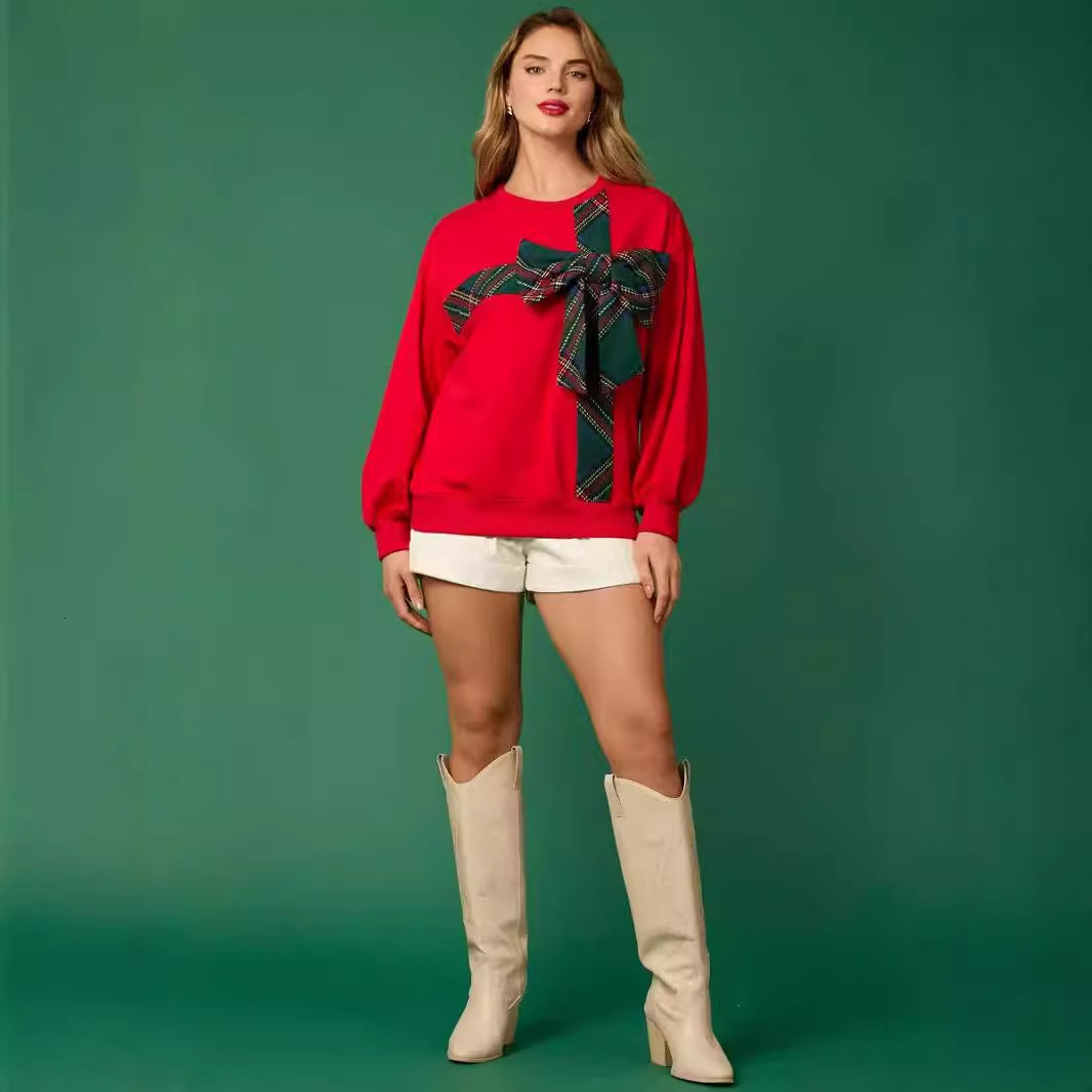 2024 Autumn/Winter Big Bow Hoodie Printed Long Sleeve Shirt for Women